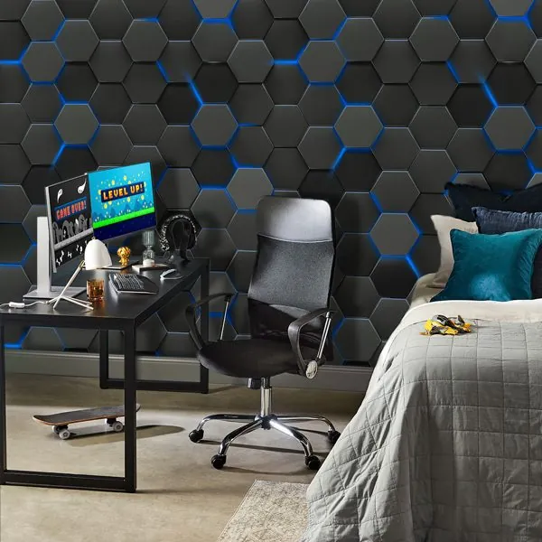3D Geométrico Gamer Azul — ambiente com o papel de parede aplicado