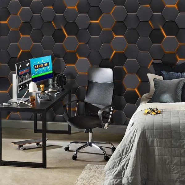 3D Geométrico Gamer Laranja — ambiente com o papel de parede aplicado