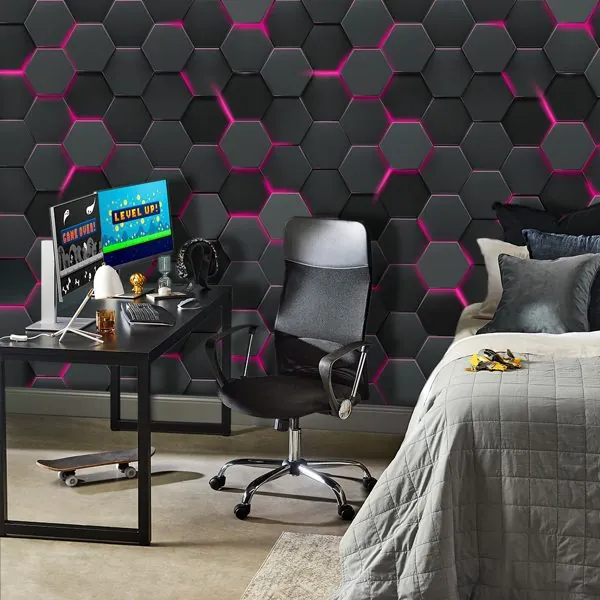 3D Geométrico Gamer Rosa — ambiente com o papel de parede aplicado