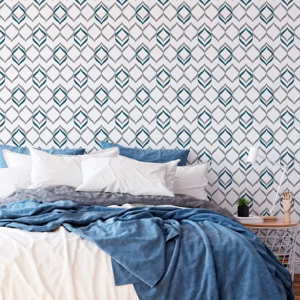 Abstrato Cinza e Azul — ambiente com o papel de parede aplicado