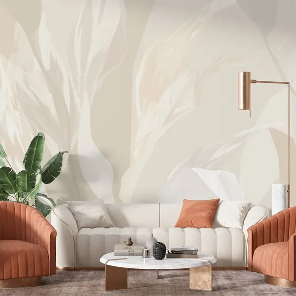 Abstrato Folhagem Nuance Areia — ambiente com o papel de parede aplicado