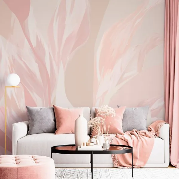 Abstrato Folhagem Nuance Rose — ambiente com o papel de parede aplicado