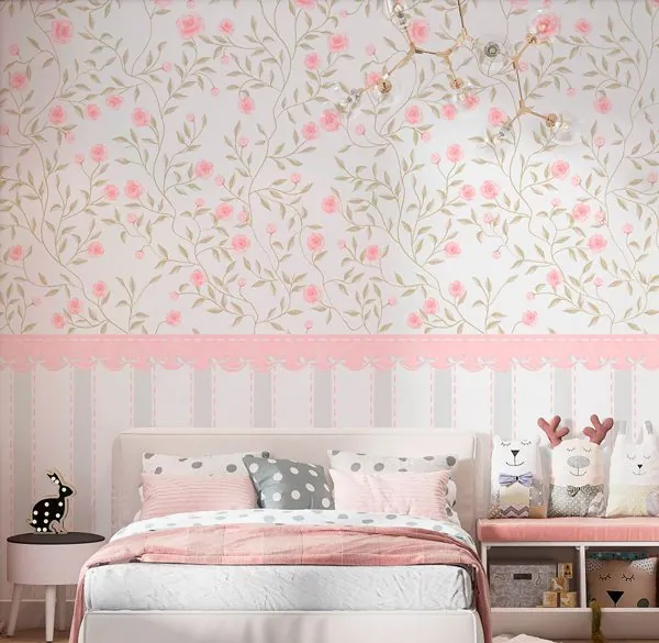 Afeto Aquarela dos Sonhos Rose — ambiente com o papel de parede aplicado