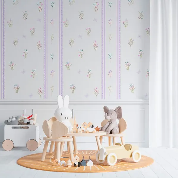 Afeto Aquarela Lilás — ambiente com o papel de parede aplicado