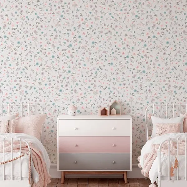 Afeto em Flores Azul — ambiente com o papel de parede aplicado