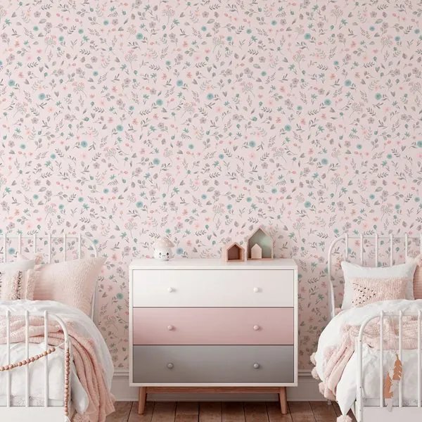 Afeto em Flores Rosa — ambiente com o papel de parede aplicado