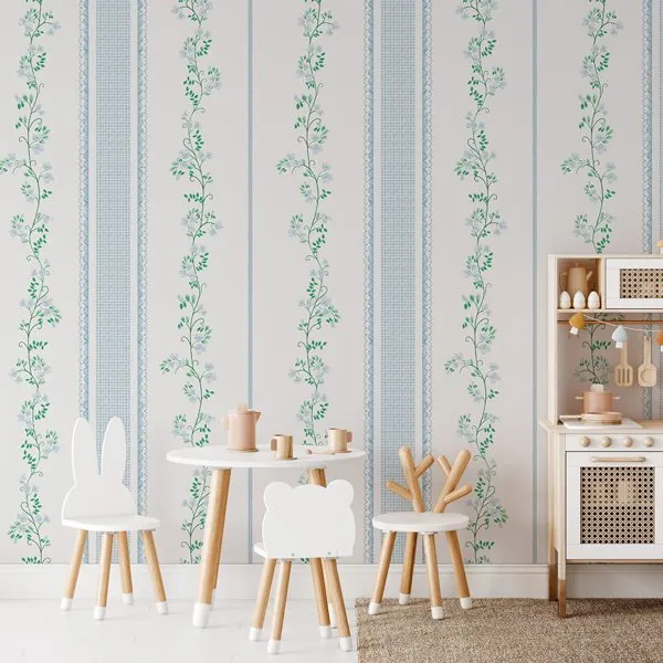 Afeto em Listras Azul — ambiente com o papel de parede aplicado
