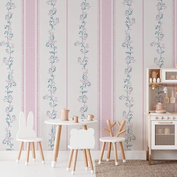 Afeto em Listras Blush — ambiente com o papel de parede aplicado