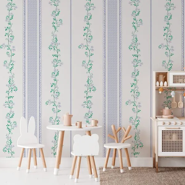Afeto em Listras Lavanda — ambiente com o papel de parede aplicado