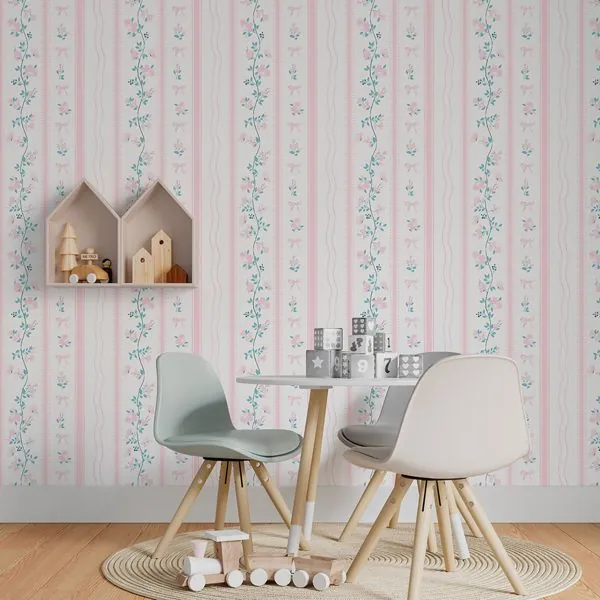 Afeto Floral Delicado Listrado Blush — ambiente com o papel de parede aplicado