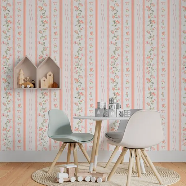 Afeto Floral Delicado Listrado — ambiente com o papel de parede aplicado