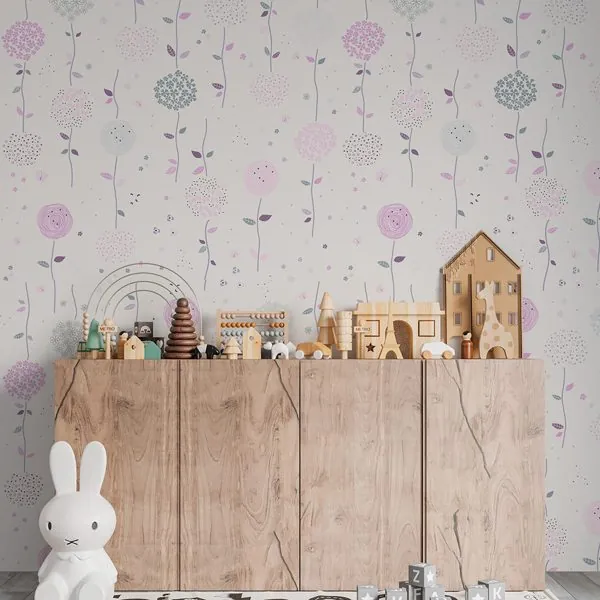 Afeto Flores Abstratas Lilás — ambiente com o papel de parede aplicado