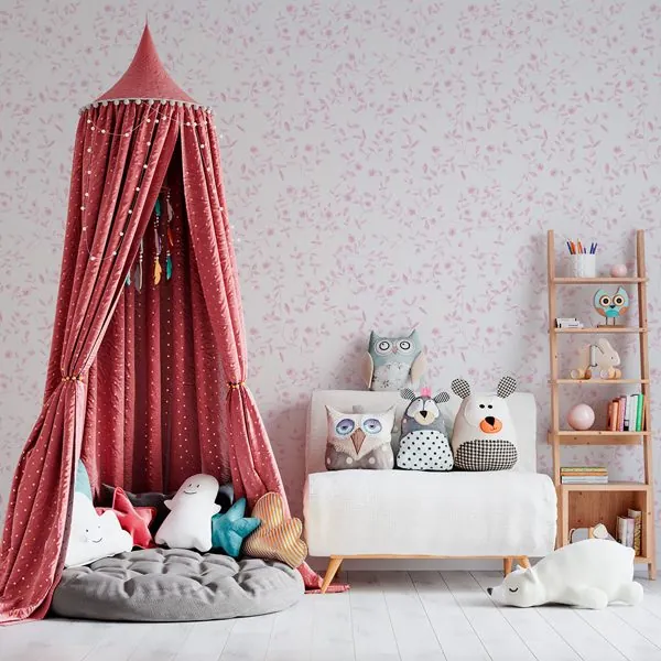 Afeto Jardim Monocromático Rosa — ambiente com o papel de parede aplicado