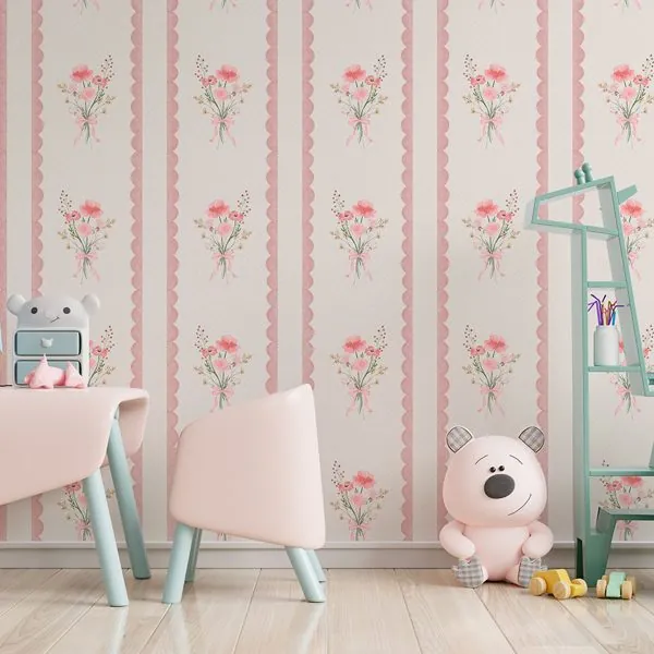 Afeto Listrado Romântico Rose — ambiente com o papel de parede aplicado