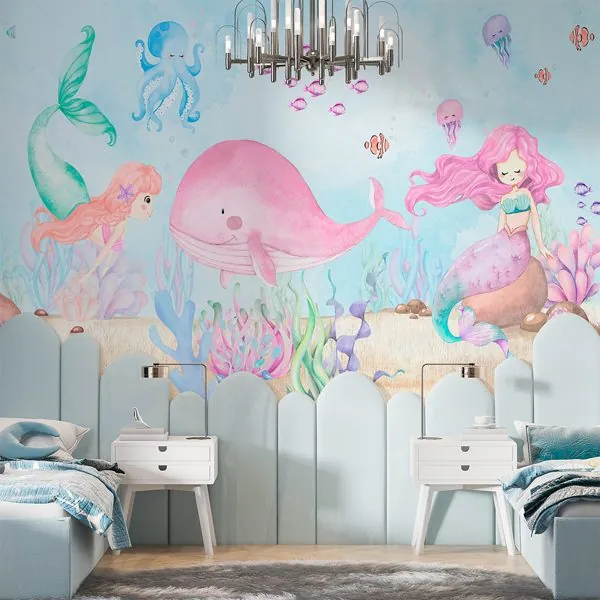 Aquarela Sereia Rosa — ambiente com o papel de parede aplicado