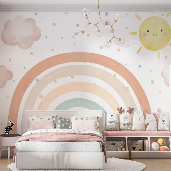 Arco Íris e Bolinhas Aquarela — ambiente com o papel de parede aplicado