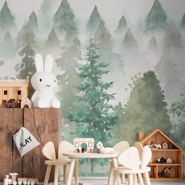 Árvores Aquarela — ambiente com o papel de parede aplicado