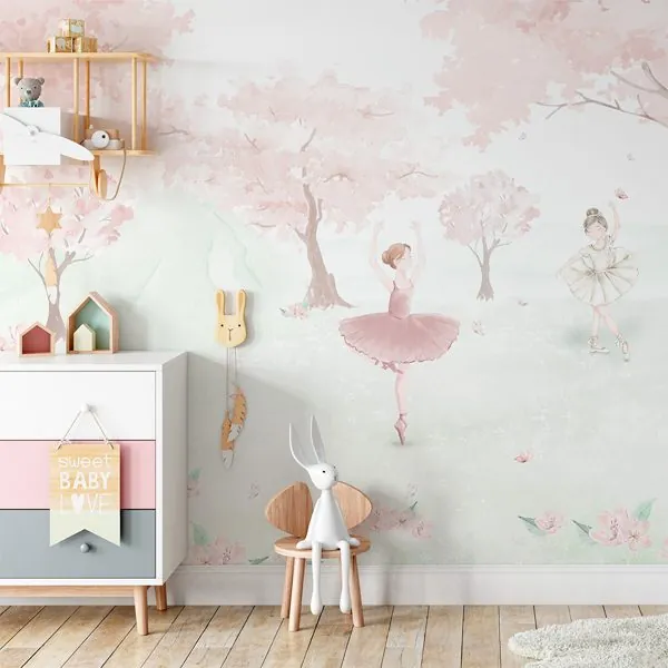 Bailarinas Aquarela — ambiente com o papel de parede aplicado