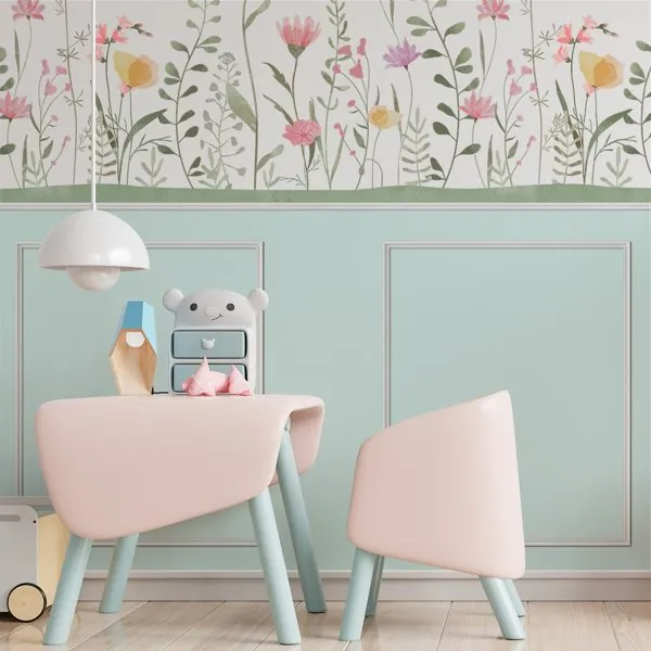 Boiserie Verde Água — ambiente com o papel de parede aplicado