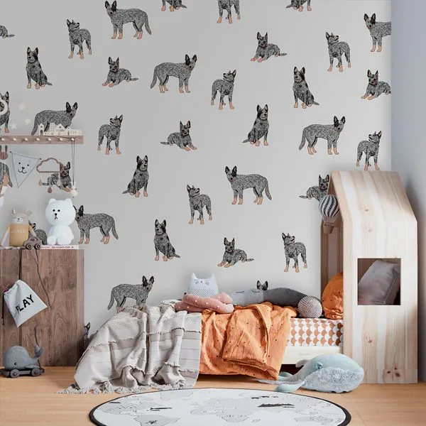 Cachorro Boiadeiro Australiano — ambiente com o papel de parede aplicado