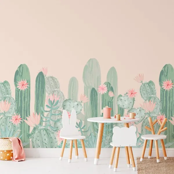Cactos Soft Aquarela — ambiente com o papel de parede aplicado