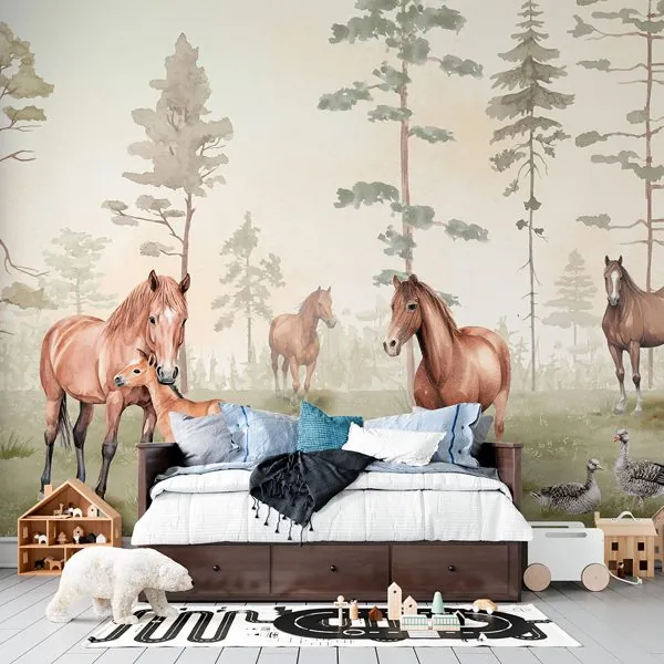 Campo dos Cavalos Aquarela — ambiente com o papel de parede aplicado