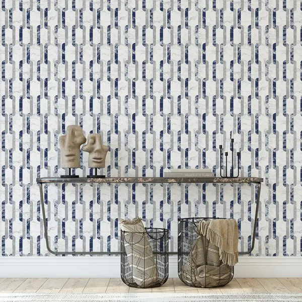 Carrara Chains Azul — ambiente com o papel de parede aplicado