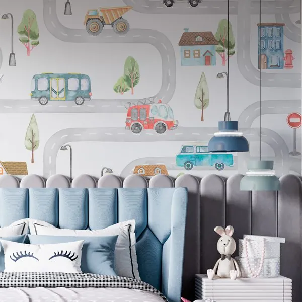 Carrinhos Infantil Aquarela — ambiente com o papel de parede aplicado