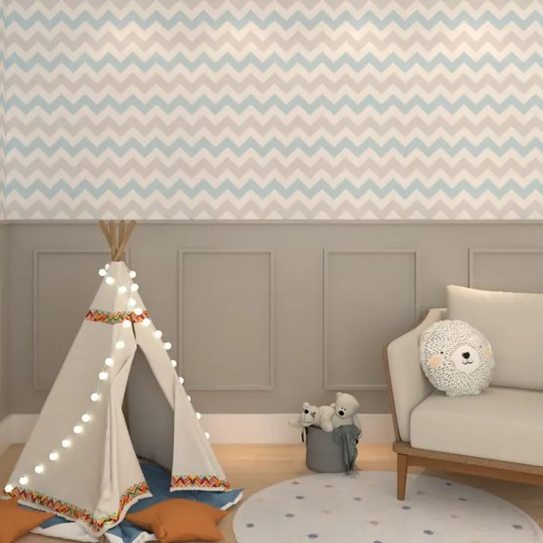Chevron Azul e Cinza — ambiente com o papel de parede aplicado