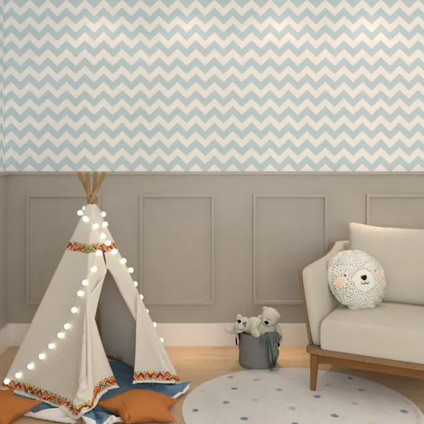 Chevron Azul — ambiente com o papel de parede aplicado