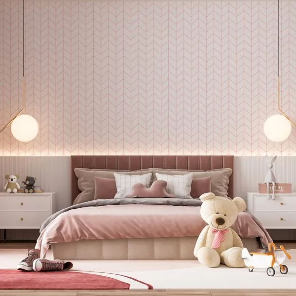 Chevron Clean Rosa — ambiente com o papel de parede aplicado