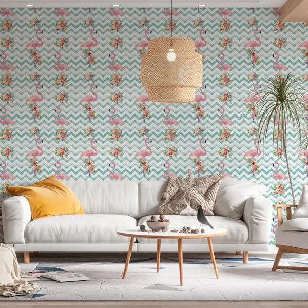 Chevron Flamingos — ambiente com o papel de parede aplicado