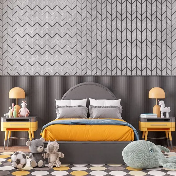 Chevron Preto Cimento Queimado — ambiente com o papel de parede aplicado