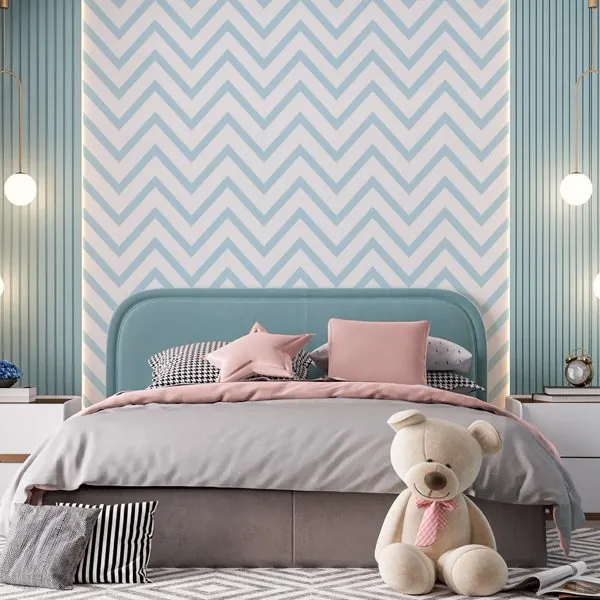 Chevron Slim Azul — ambiente com o papel de parede aplicado