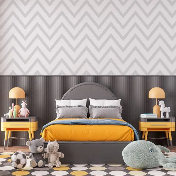 Chevron Slim Cinza Claro — ambiente com o papel de parede aplicado