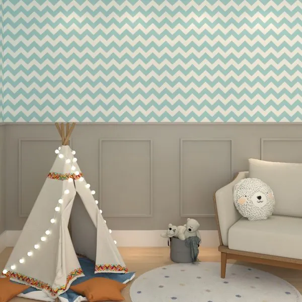 Chevron Verde Agua — ambiente com o papel de parede aplicado