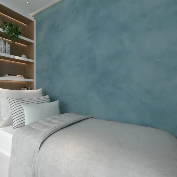 Cimento Queimado Verde Agua — ambiente com o papel de parede aplicado