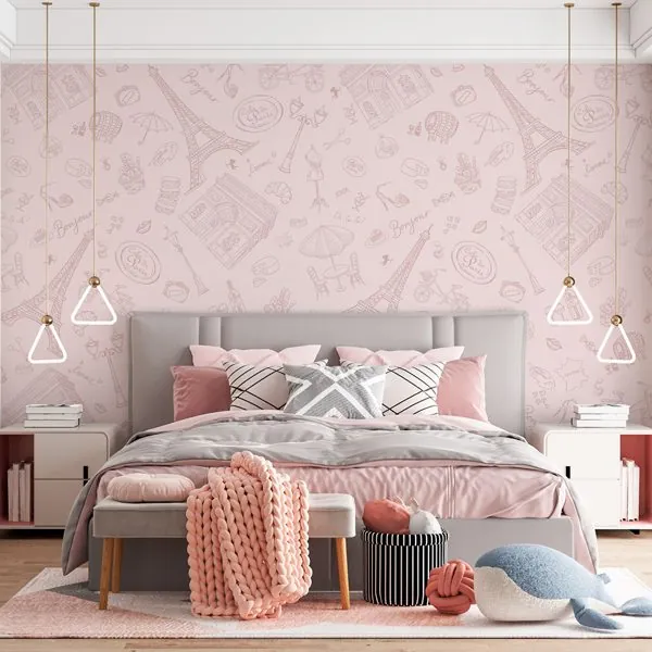 Coisas de Paris Rose — ambiente com o papel de parede aplicado