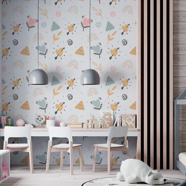 Cute Arco Íris e Corações — ambiente com o papel de parede aplicado