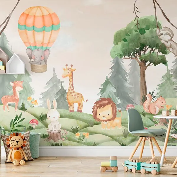 Cute Safari Aquarela — ambiente com o papel de parede aplicado