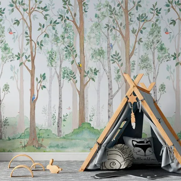 Desenho Floresta Infantil — ambiente com o papel de parede aplicado