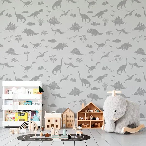 Dinos Cinza — ambiente com o papel de parede aplicado