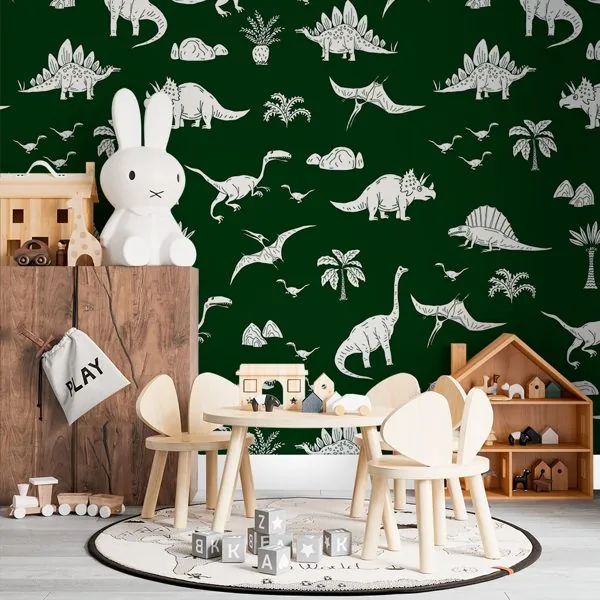 Dinos Verde — ambiente com o papel de parede aplicado