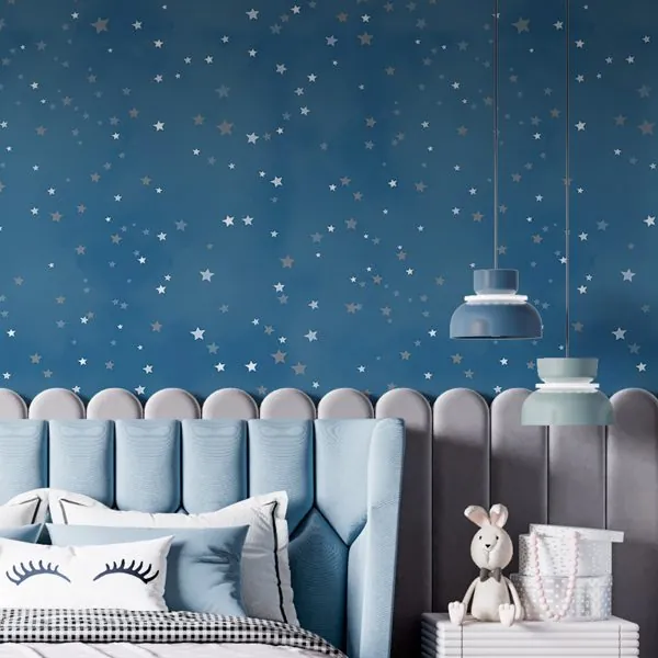 Estrelado Azul — ambiente com o papel de parede aplicado