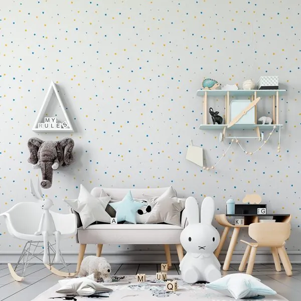Estrelinhas Azul e Amarelo — ambiente com o papel de parede aplicado