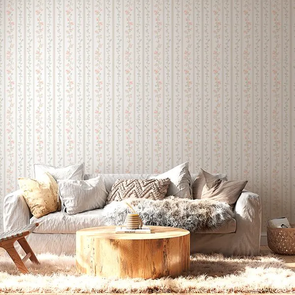 Floral Delicado Listrado Areia — ambiente com o papel de parede aplicado