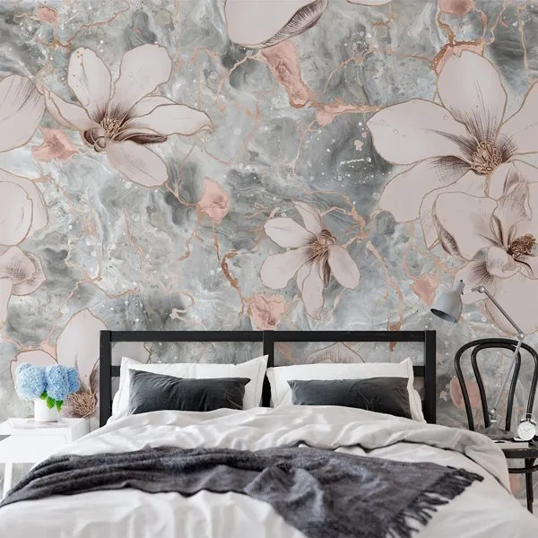 Floral Shiny Rose Gold — ambiente com o papel de parede aplicado