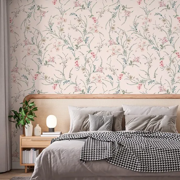 Flores Vintage Neutral Areia — ambiente com o papel de parede aplicado