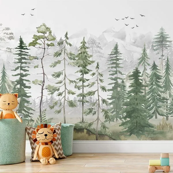 Floresta Aquarela — ambiente com o papel de parede aplicado