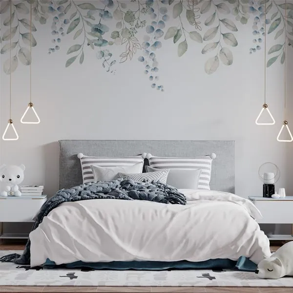 Folhagem Aquarela Clean — ambiente com o papel de parede aplicado